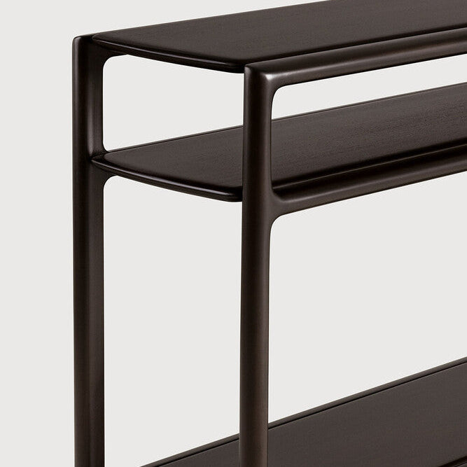 Detail of Ethnicraft Eda Console showing the rounded mahogany top edge