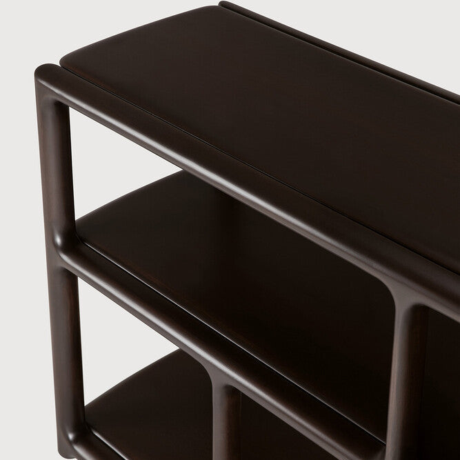 Detail of Ethnicraft Eda Rack showing the rounded mahogany shelf edge