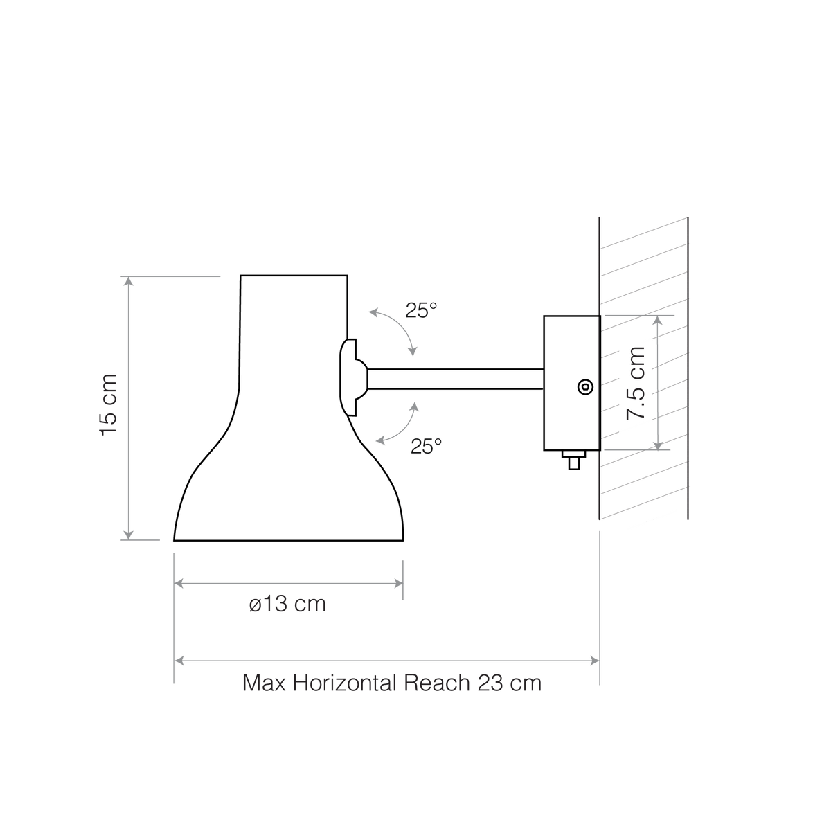 Anglepoise Type 75 Mini wall light dimension drawing showing its size and maximum reach