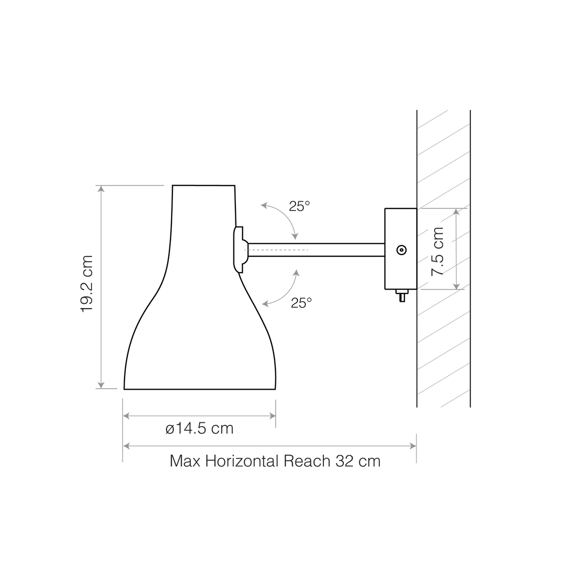 Anglepoise Type 75 wall light dimension drawing showing its size and maximum reach