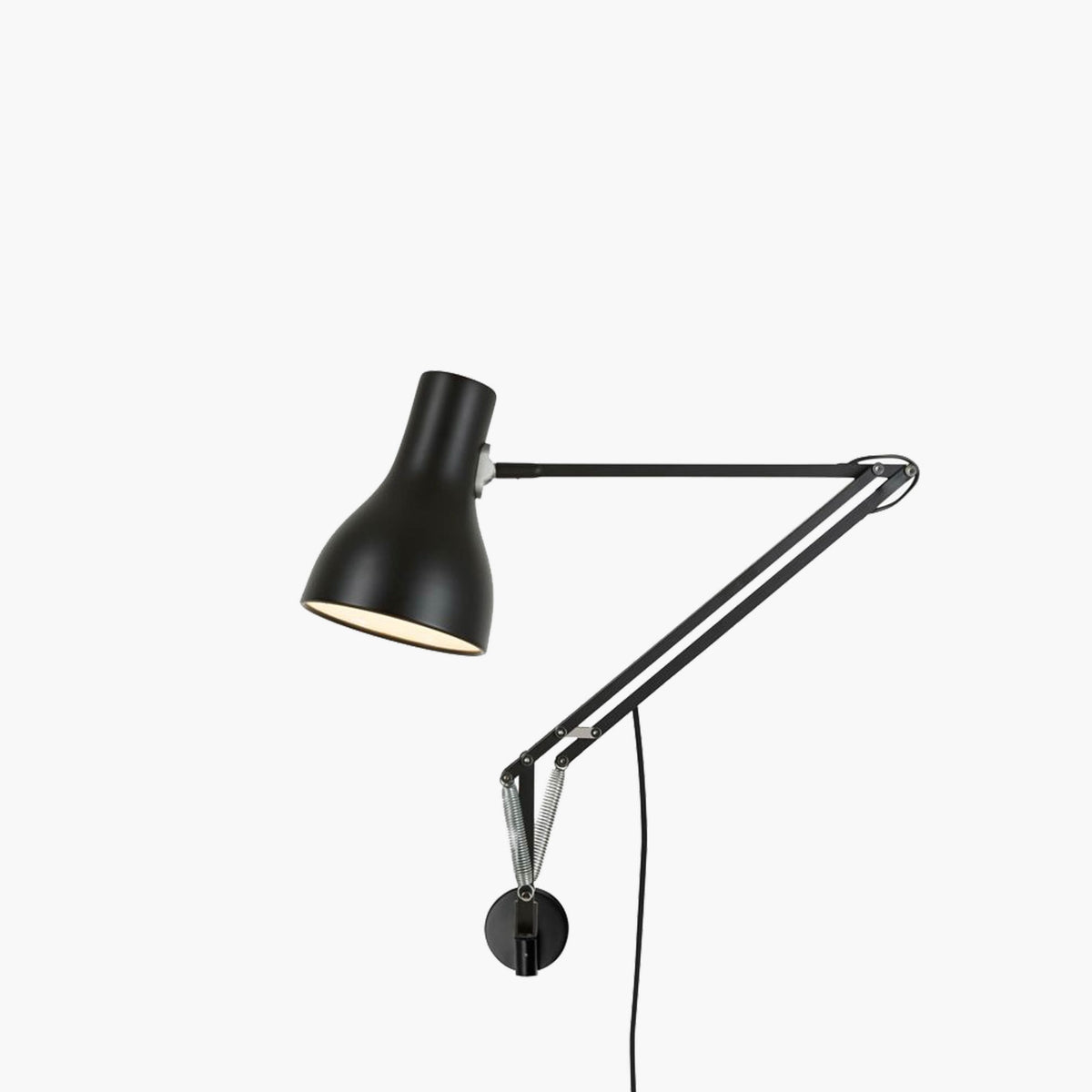 Anglepoise Type 75 Wall Mounted Lamp in Jet Black on its wall bracket, aluminum shade and arms