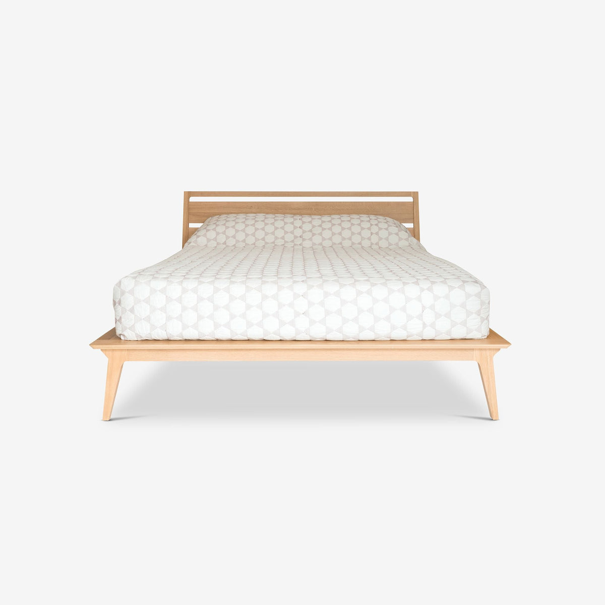 Case Valentine Bed in Oak, front view, solid oak frame and slatted headboard