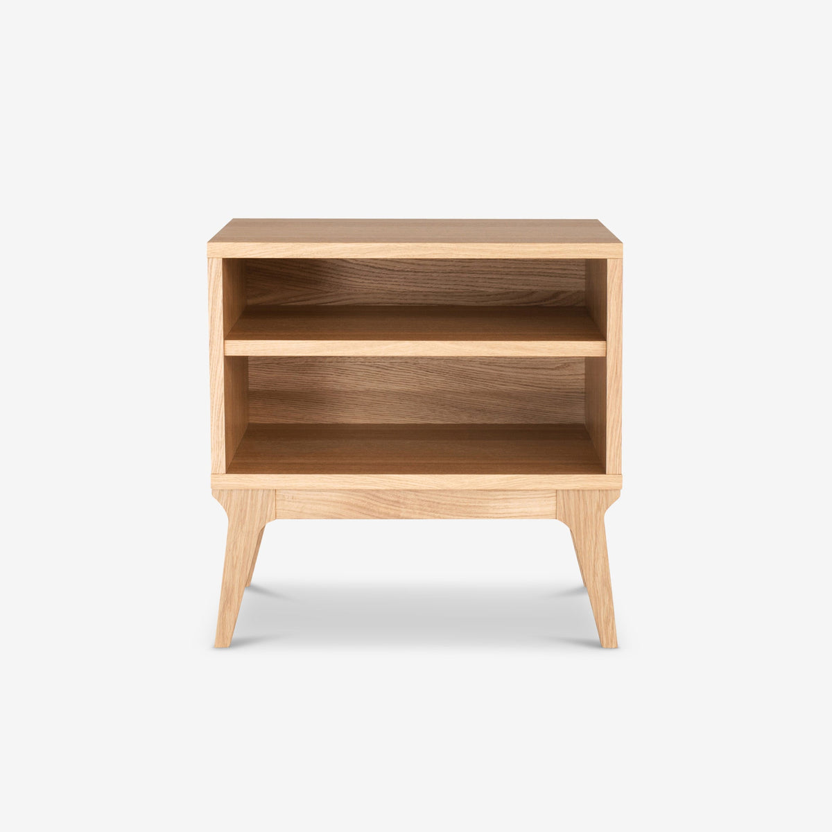 Case Valentine Bedside Table in Oak, front view, oak veneer on tapered solid oak legs