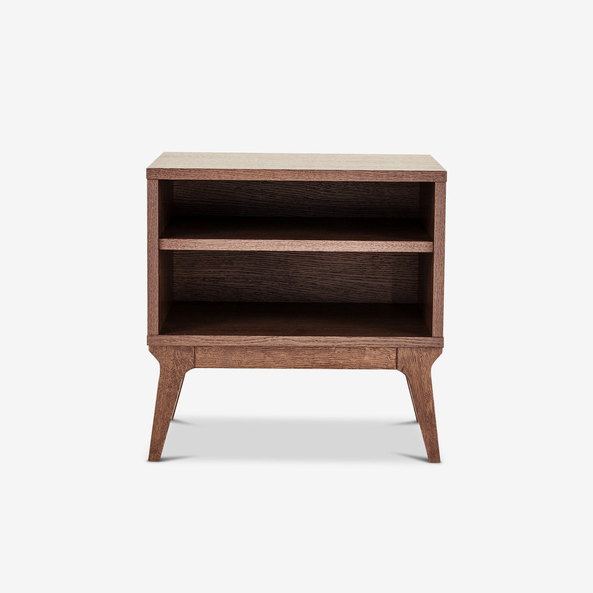 Case Valentine Bedside Table in Walnut Stain, front view, stained oak veneer on tapered legs