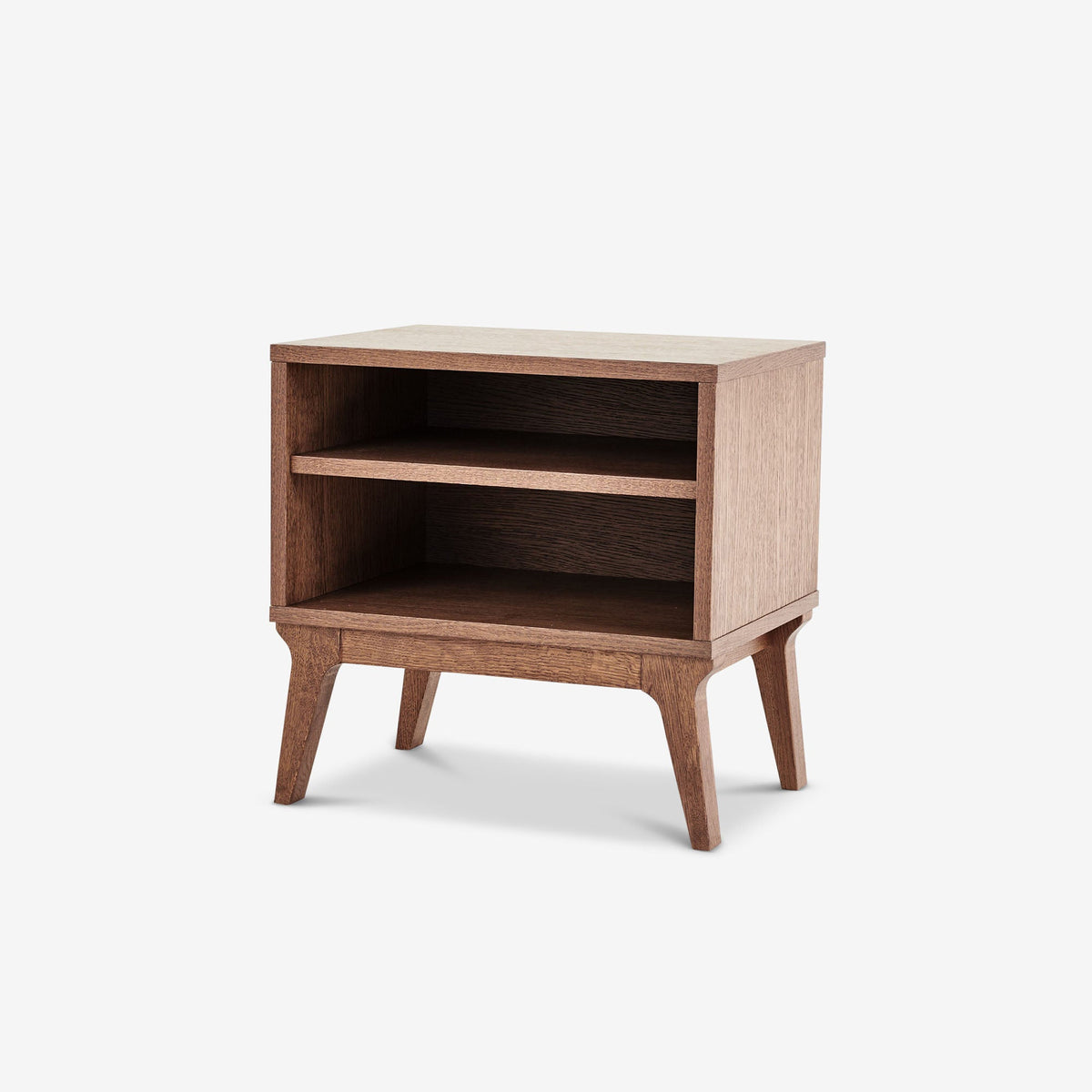 Case Valentine Bedside Table in Walnut Stain, solid oak base and oak veneer with two open shelves