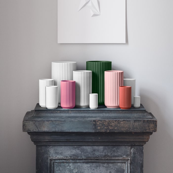 Lyngby Porcelæn fluted porcelain vases in red, green, gold and black, a 1936 Danish design