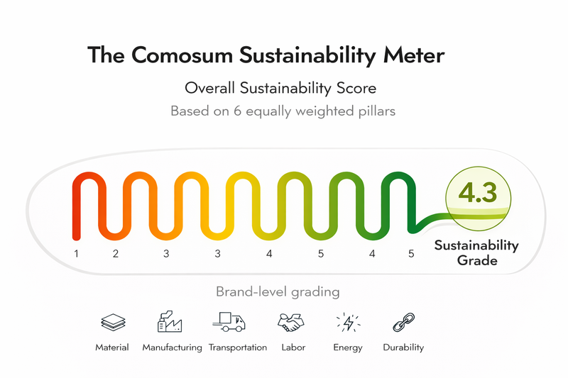 The Comosum Sustainability Meter graphic showing an overall grade of 4.3 across six equally weighted pillars