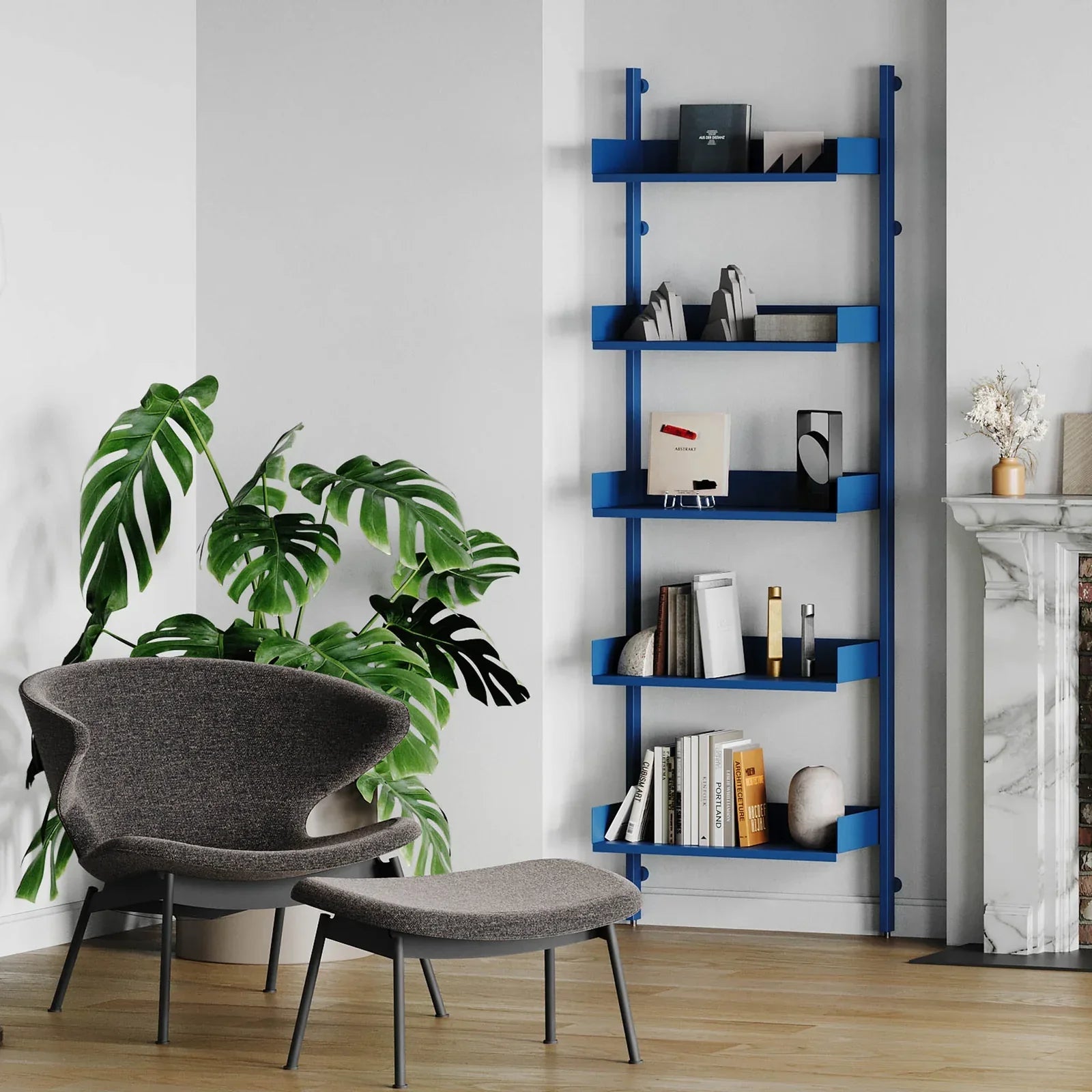 Wall-mounted shelving system in blue