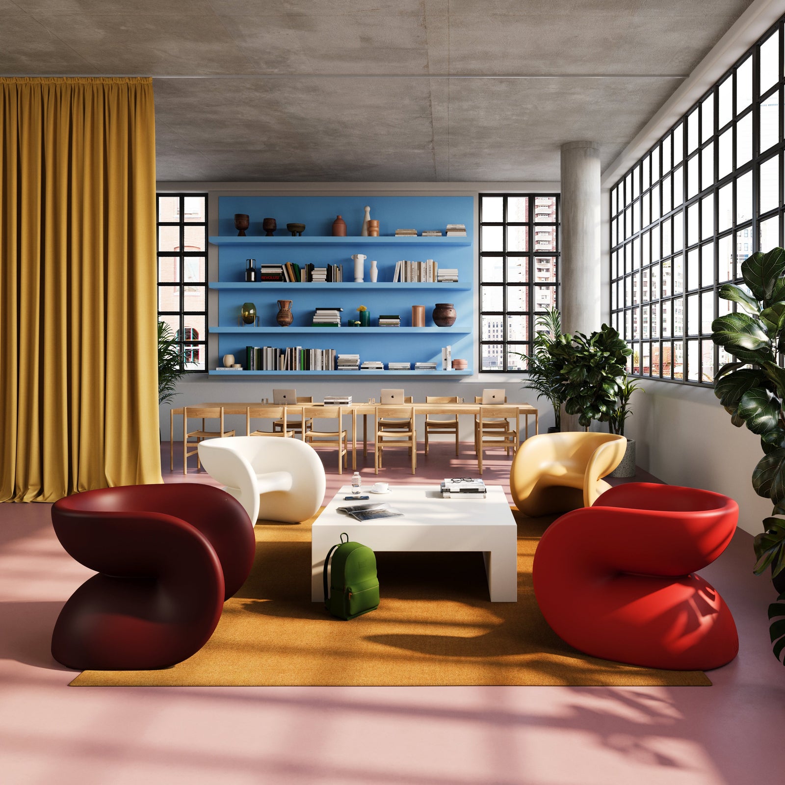 Heller Fortune Chair, styled in a lobby, designed by Massimo Vignelli
