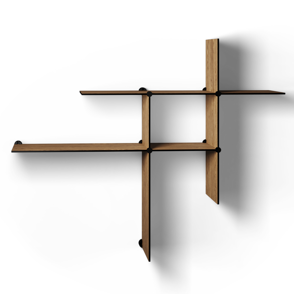 Bent Hansen Up the Wall Shelf Set in walnut-look laminate, shown as two and four sets, laminate