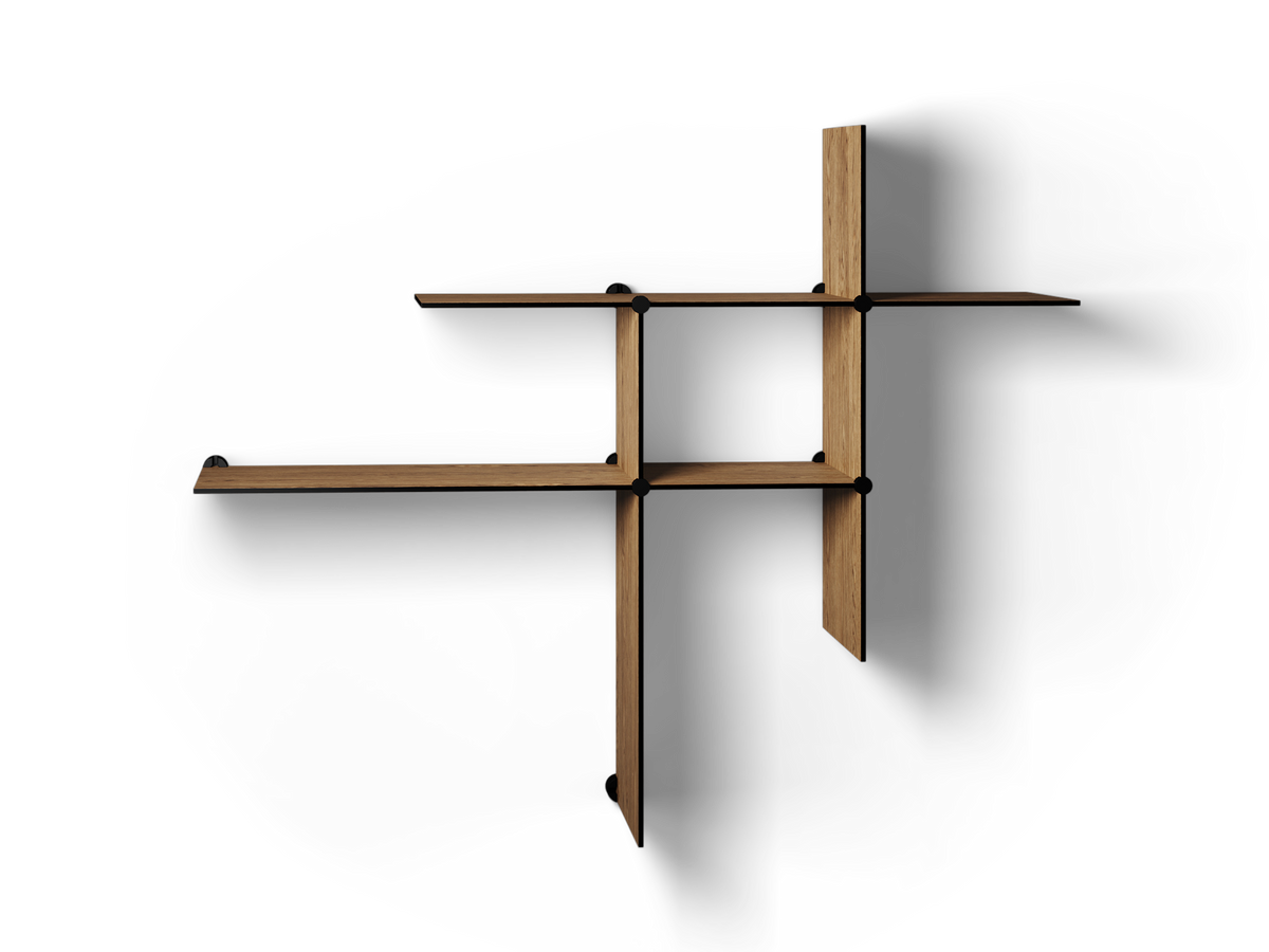 Bent Hansen Up the Wall Shelf Set in walnut-look laminate, shown as two and four sets, laminate