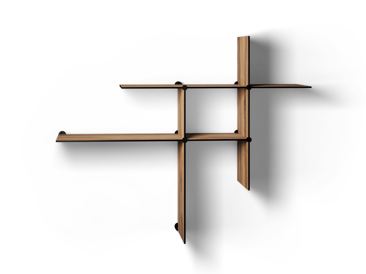 Bent Hansen Up the Wall Shelf Set in oak-look laminate, shown as two and four sets, laminate