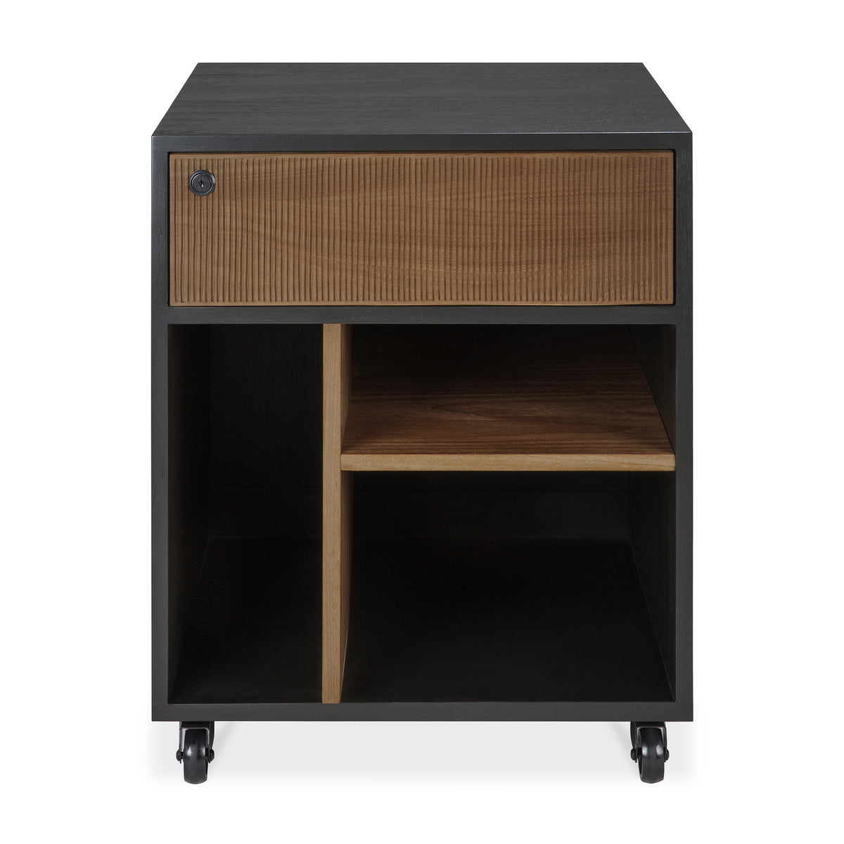 Ethnicraft Oscar Drawer Unit in Teak Black, front view, black-tinted teak with a carved natural teak drawer
