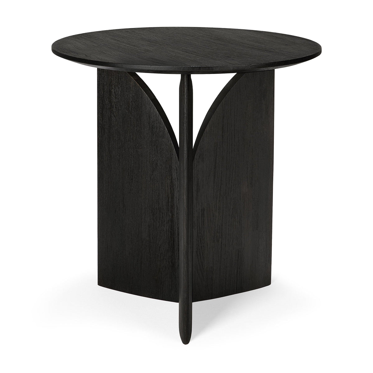 Ethnicraft Fin Side Table in Teak Black, profile view showing the curved fins, solid teak