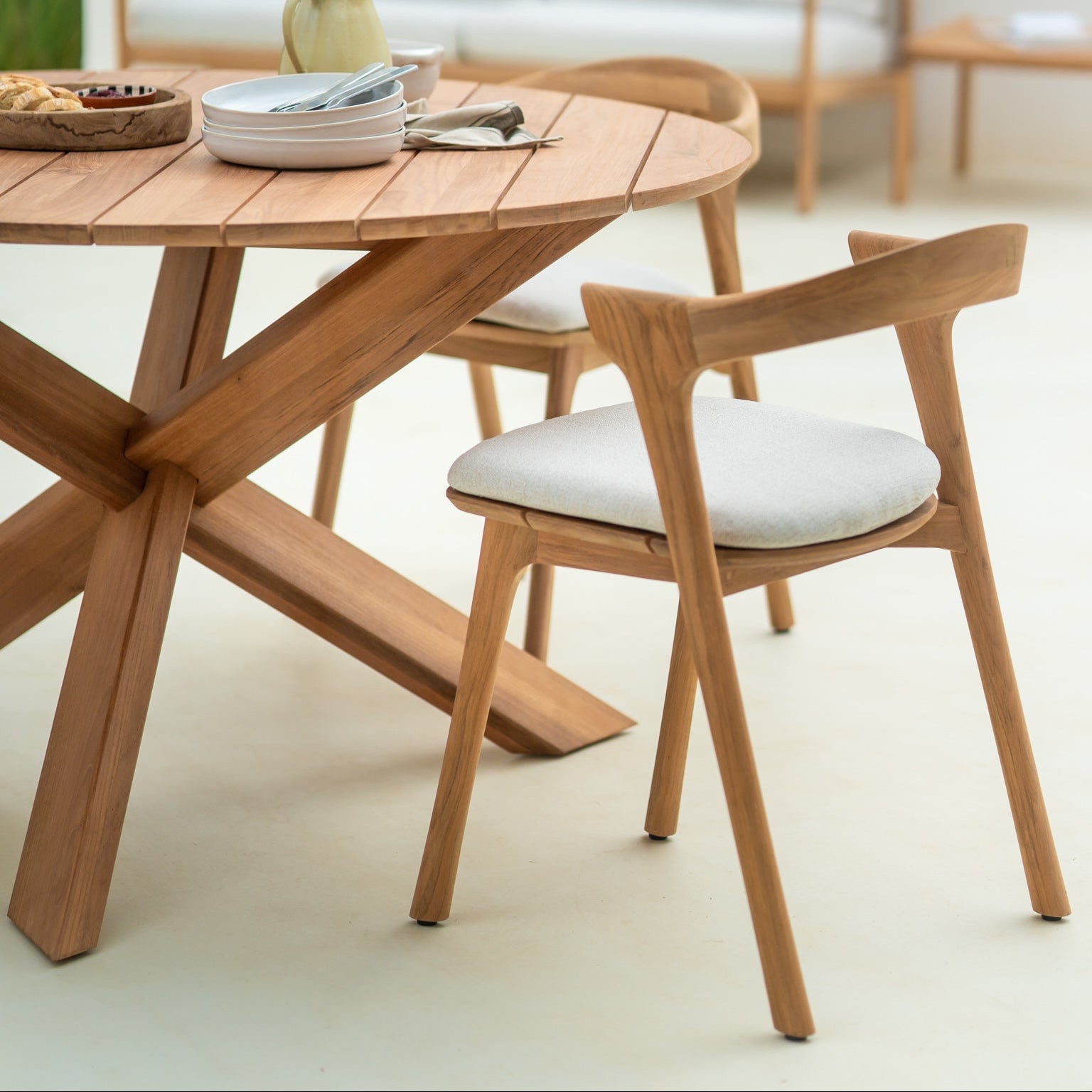 Ethnicraft Bok Outdoor Dining Chair Cushion, woven outdoor textile by Belgian brand Ethnicraft
