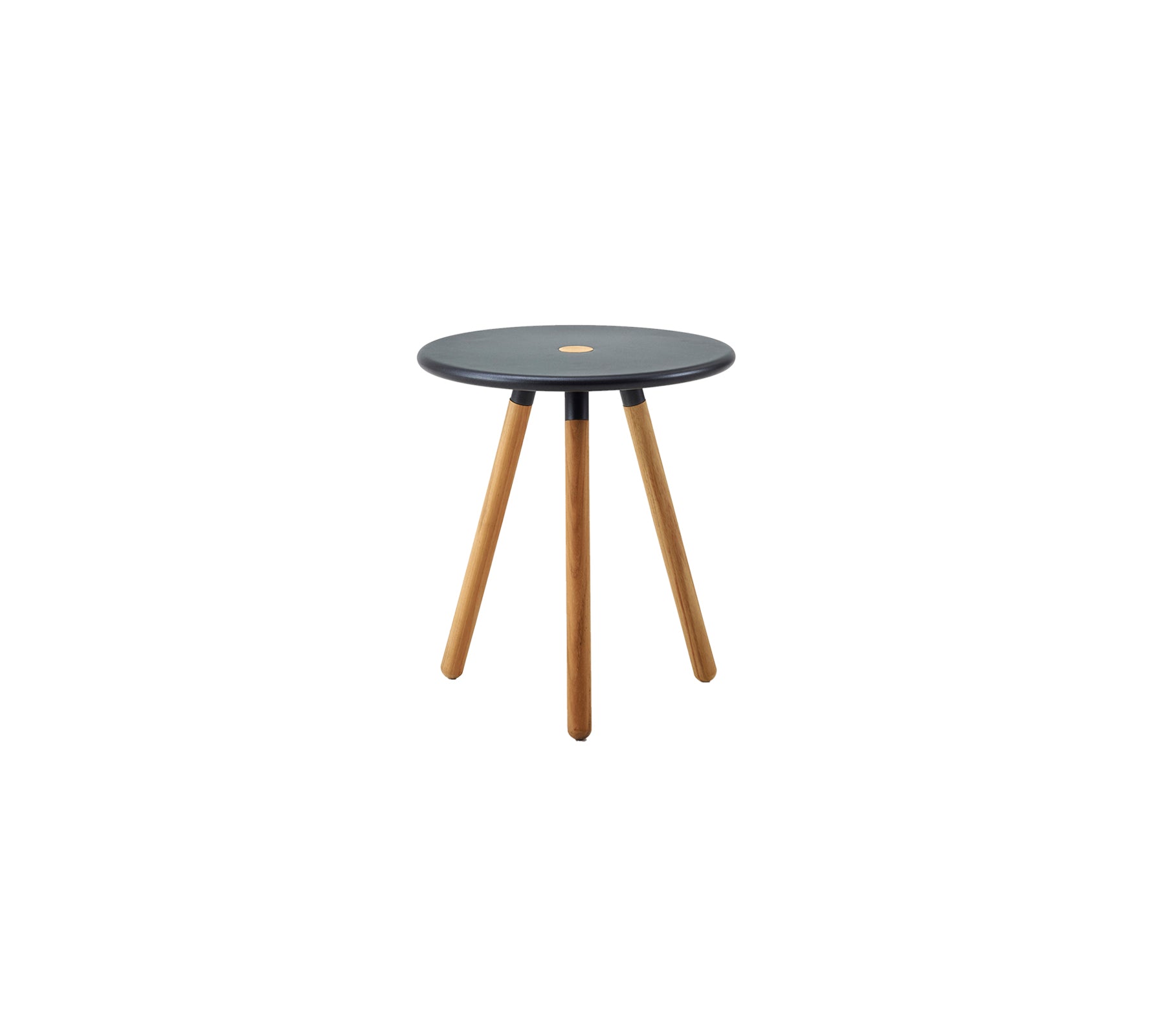 Small round table with black top and wooden legs on a white background