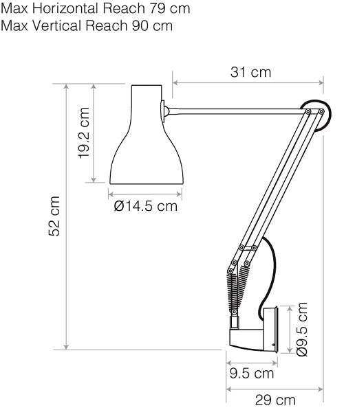 Dimension drawing of the Anglepoise Type 75 Wall Mounted Lamp, aluminum arms and wall bracket