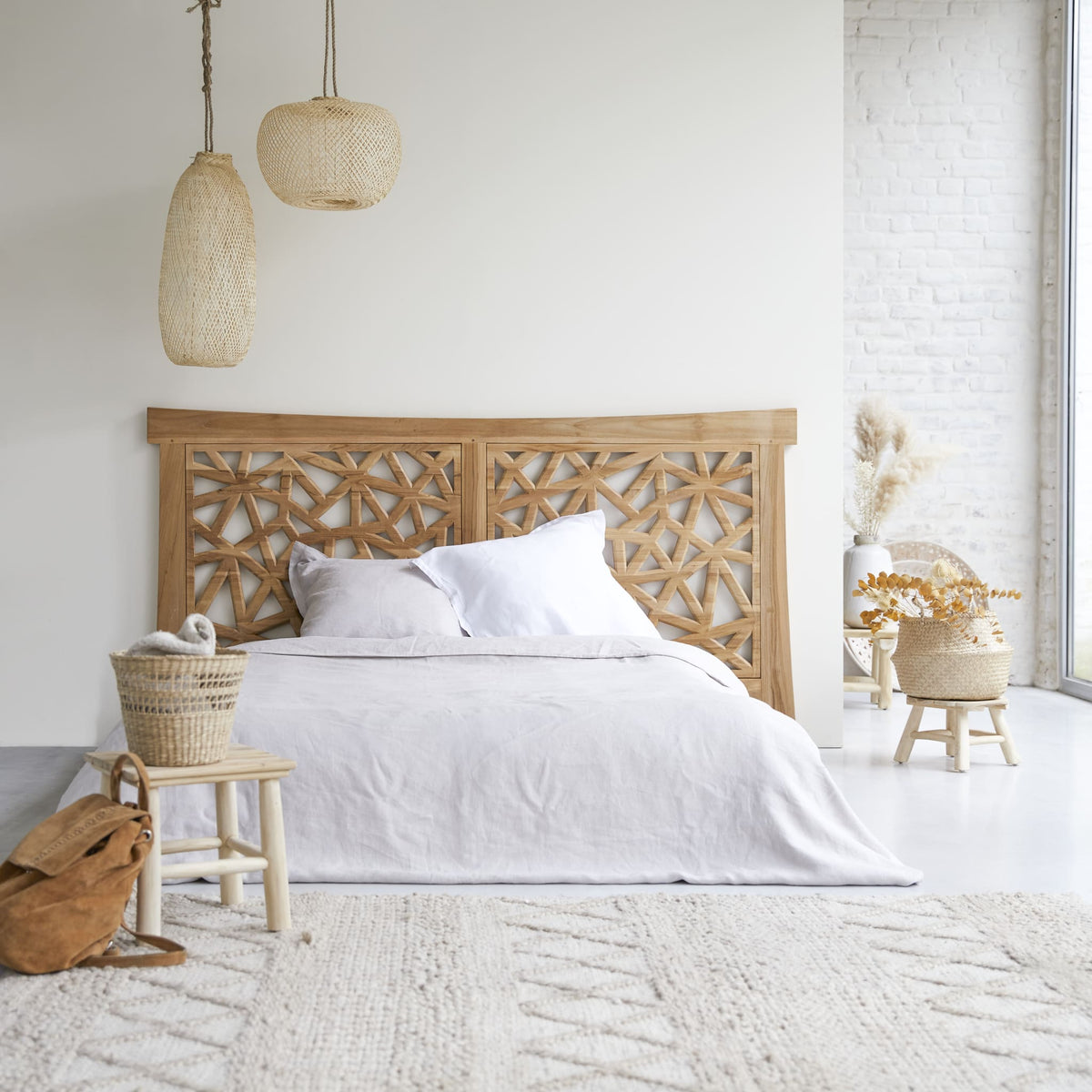 Tikamoon Gentong king size headboard in solid teak, front view