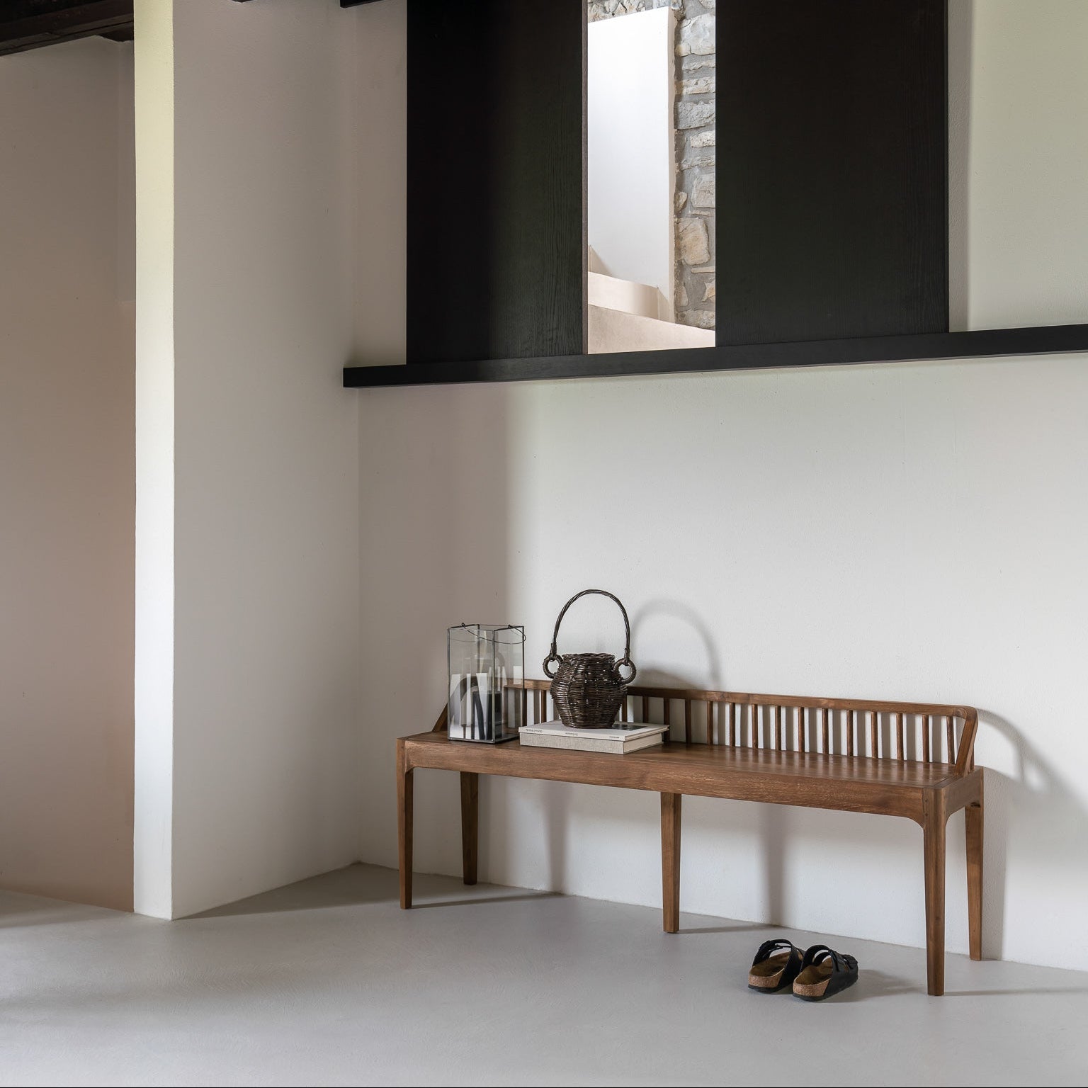 Ethnicraft Reclaimed Teak Spindle Bench in teak, FSC-certified solid teak, Belgian solid wood furniture
