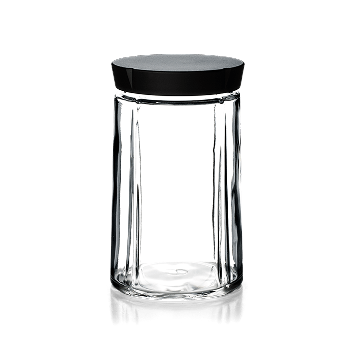 Rosendahl Grand Cru Storage Jar in glass with steel lid, designed by Erik Bagger, Danish design heritage.