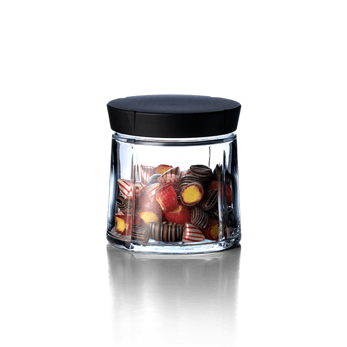 Rosendahl Grand Cru Storage Jar in glass with steel lid, designed by Erik Bagger, Danish design heritage.