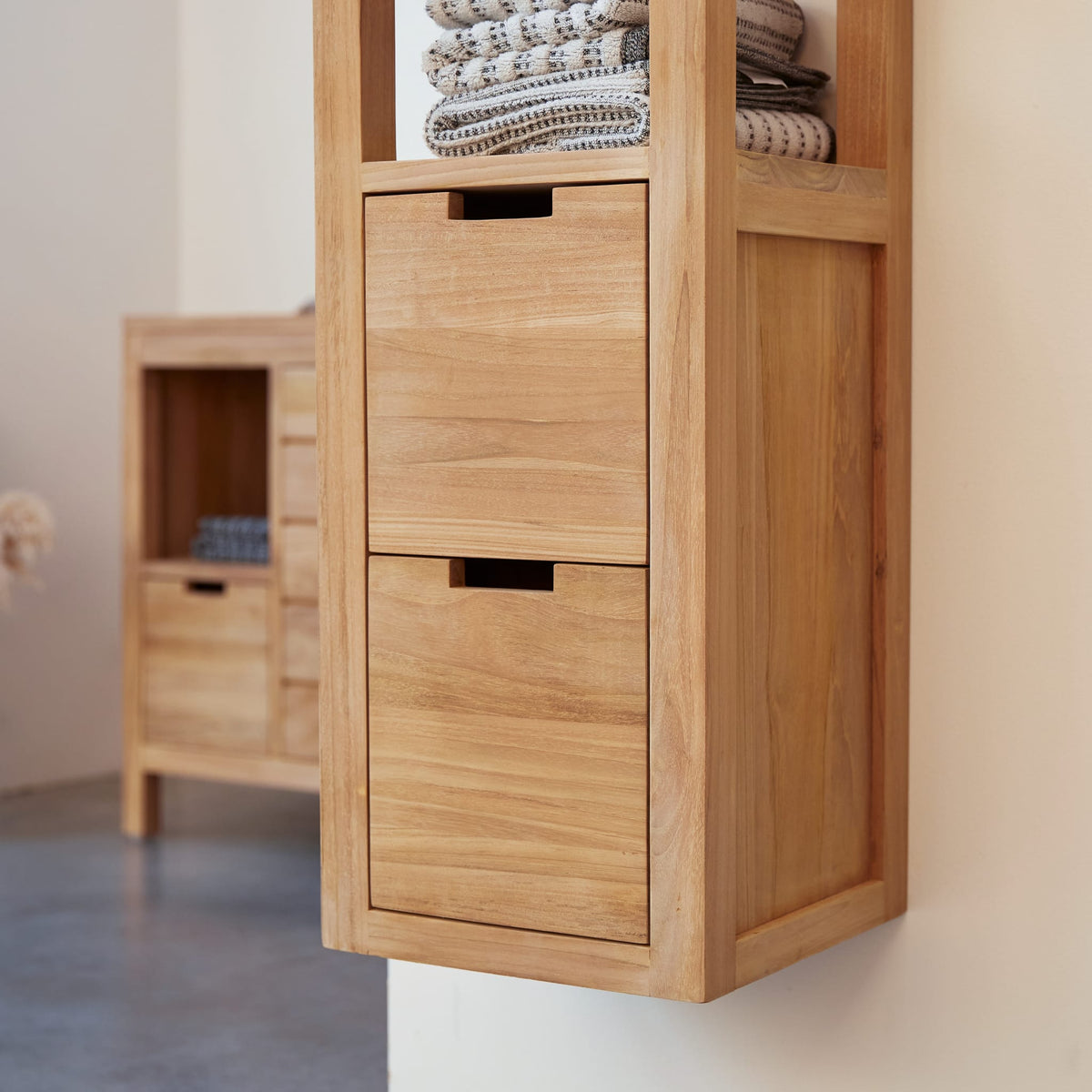 Serena teak bathroom cabinet, open shelves and drawers view
