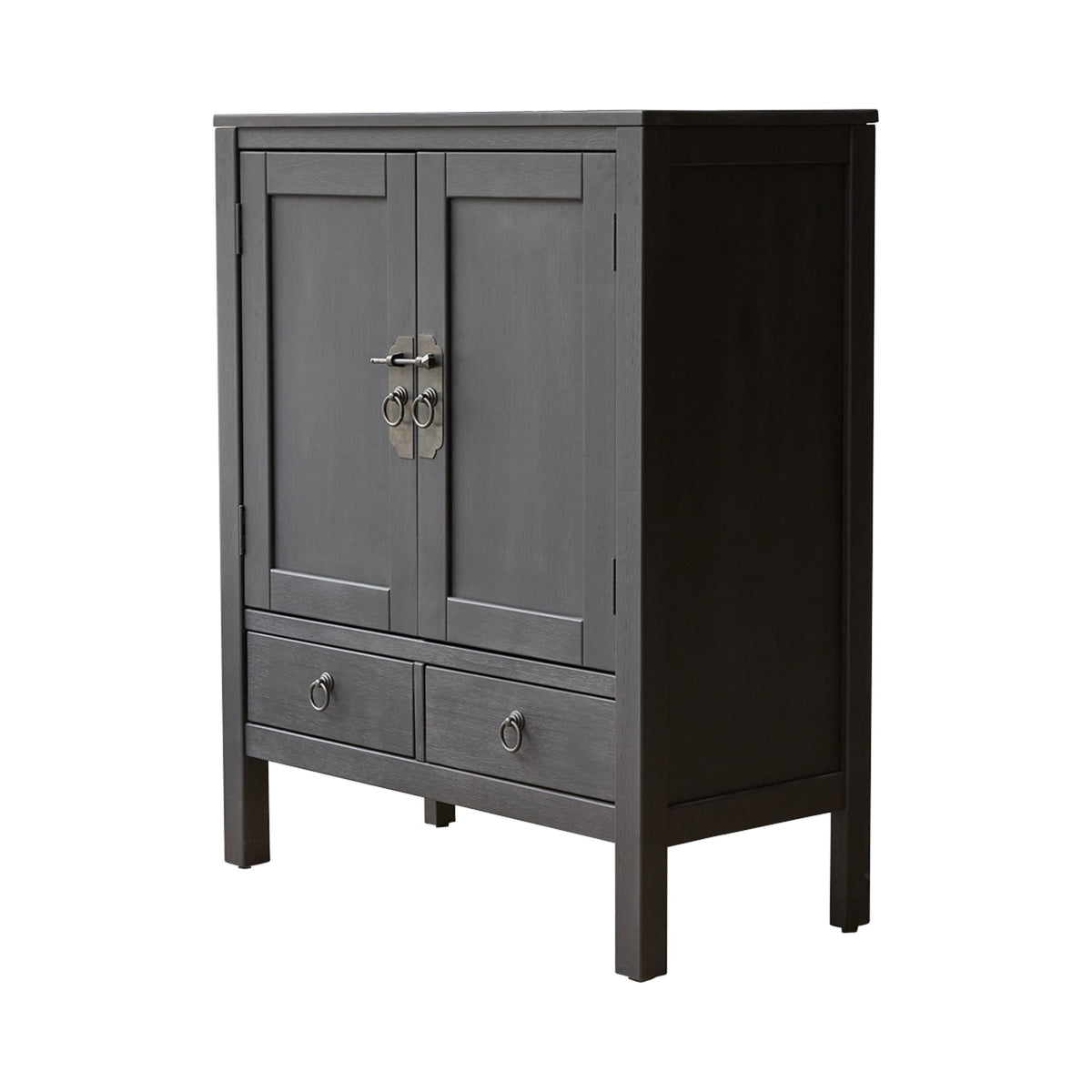 Tikamoon Thaki Black solid pine cabinet, front three-quarter view