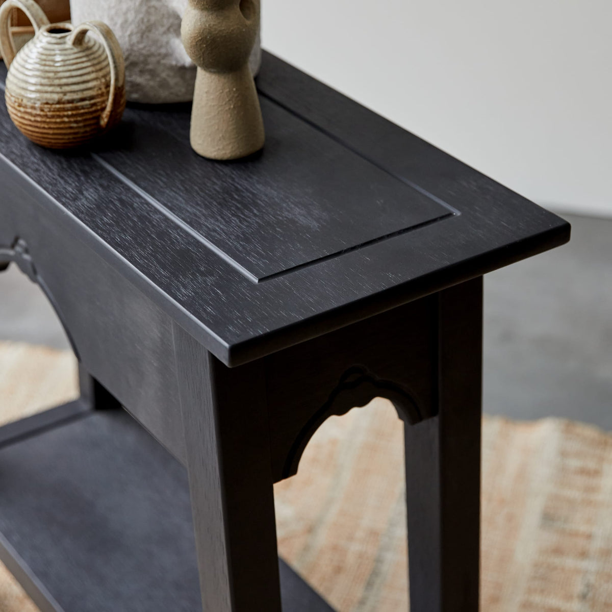 Tikamoon Thaki Black console table in solid pine, front view