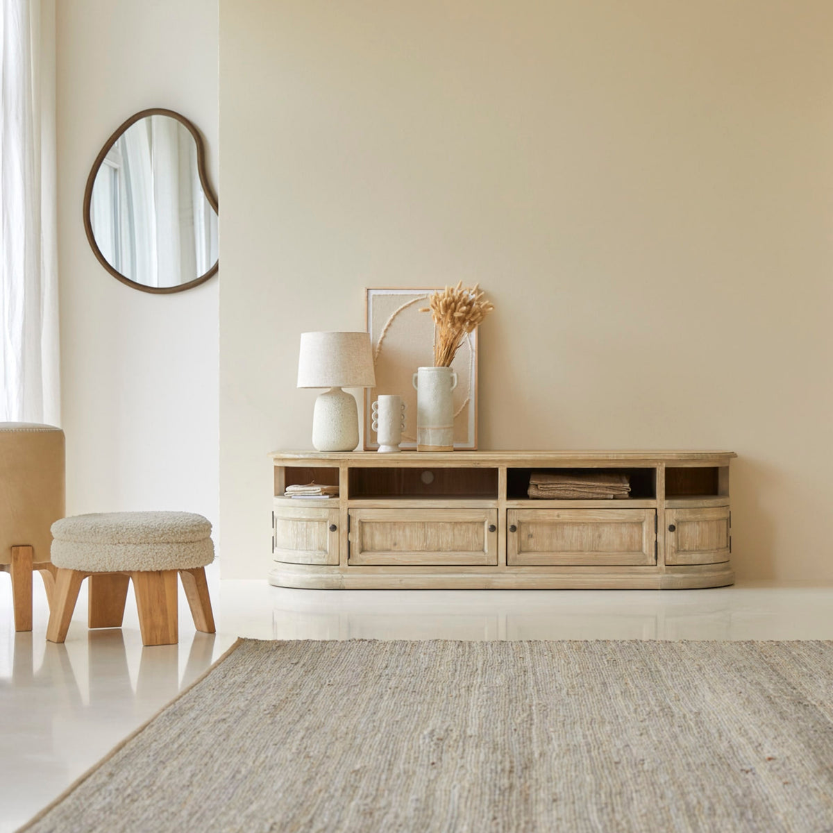 Tikamoon Celeste TV stand in solid pine, angled view