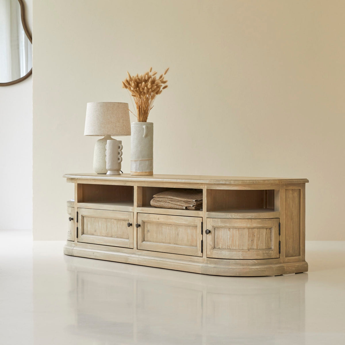 Tikamoon Celeste pine TV stand, front view