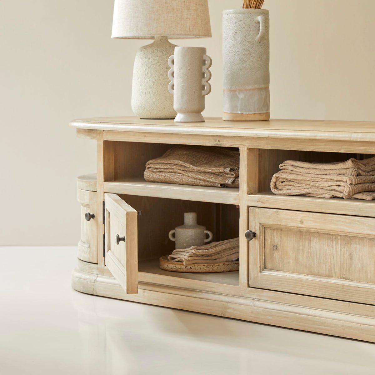Tikamoon Celeste pine TV stand, side view