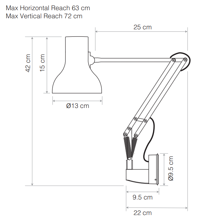 Dimension drawing of the Anglepoise Type 75 Mini Wall Mounted Lamp, aluminum arms and wall bracket