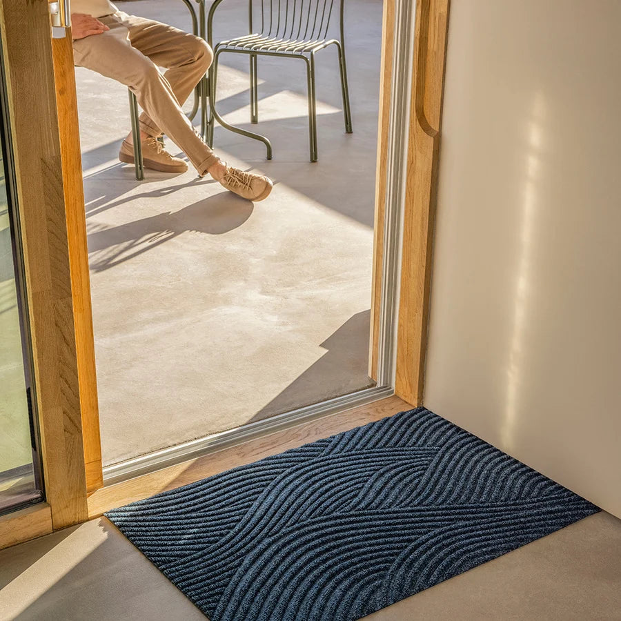 Heymat Sjø All Weather Doormat doormat in Blue styled in an entryway, recycled PET yarn Norwegian design