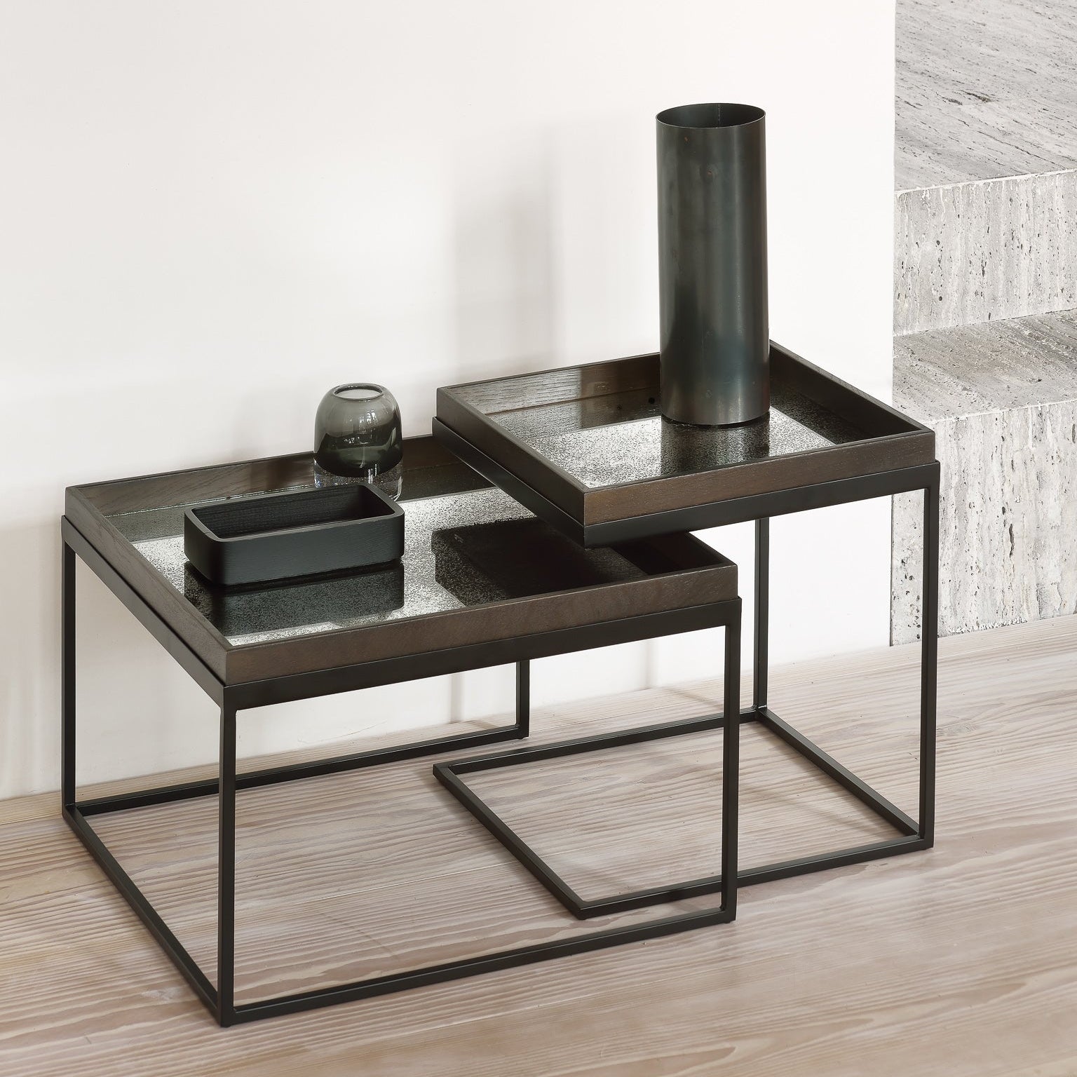 Ethnicraft Tray Square Coffee Table Set, FSC-certified solid wood furniture by Belgian brand