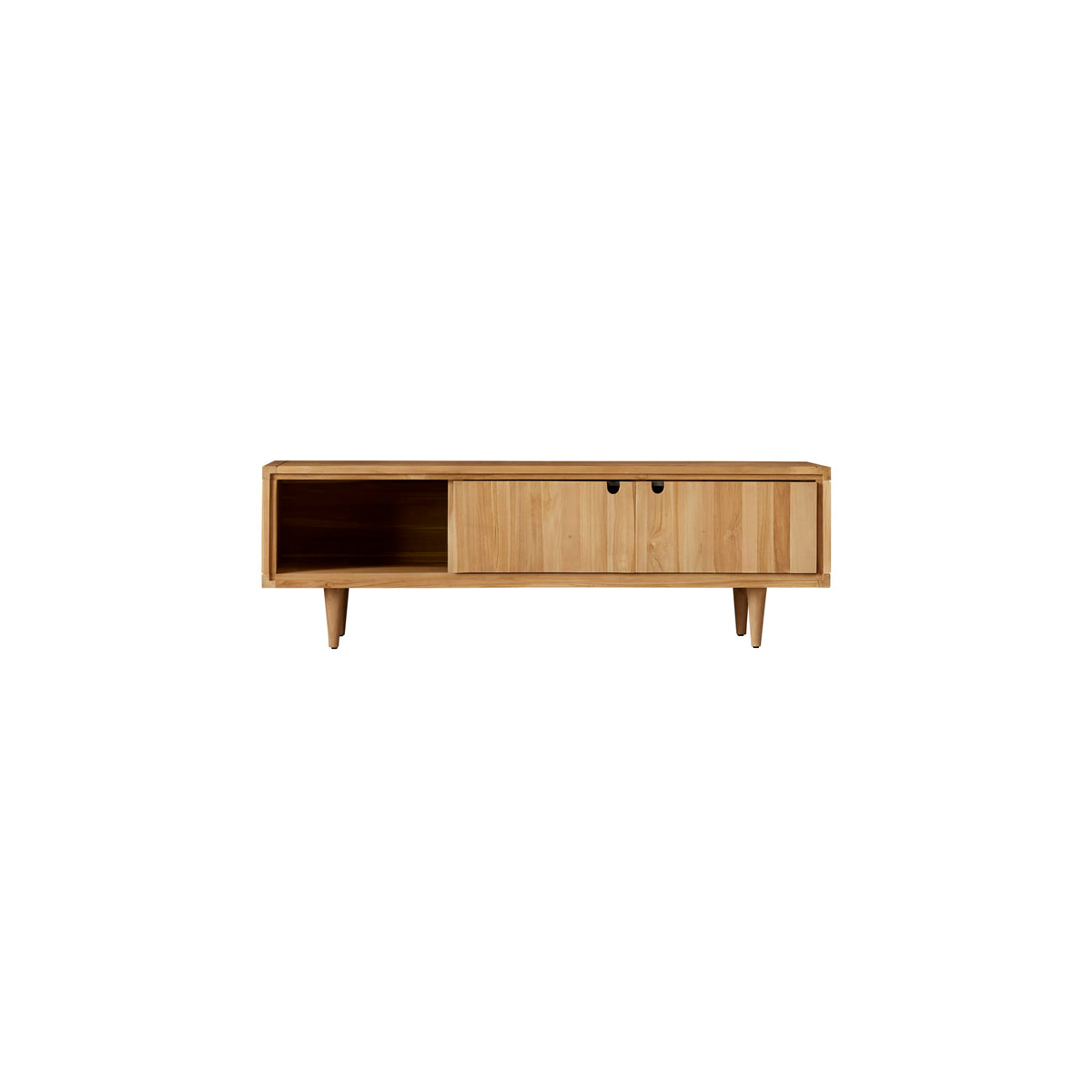 Tikamoon Jonak teak TV stand in a styled living room, wide view