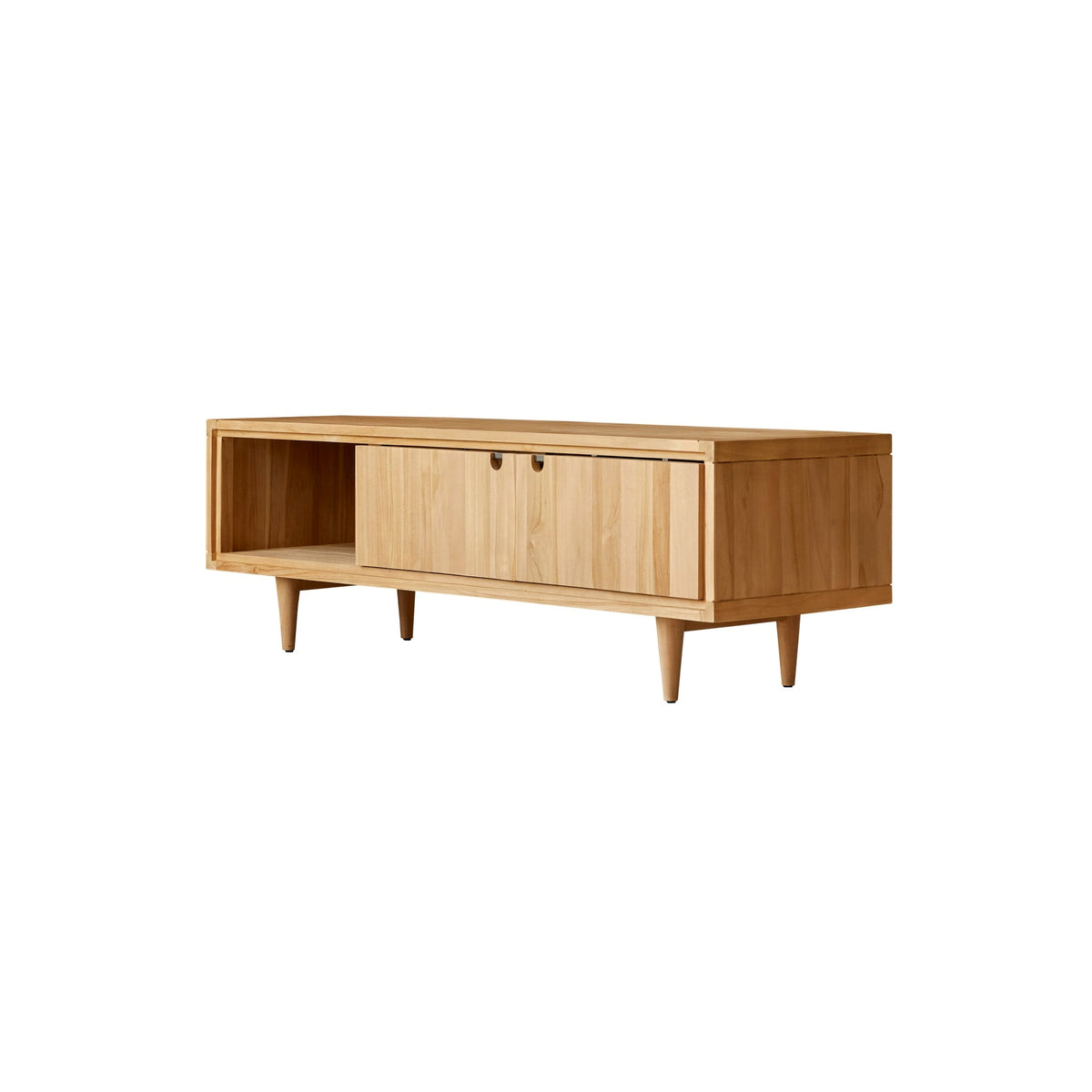 Tikamoon Jonak teak TV stand styled in a living room with a television