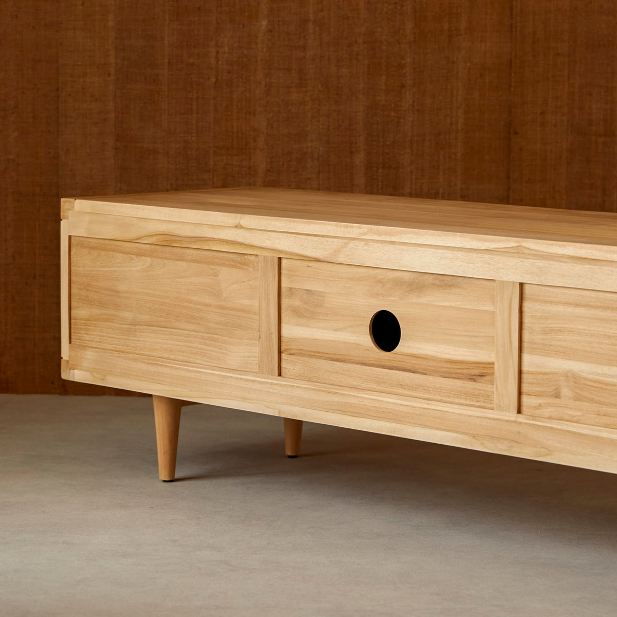 Tikamoon Jonak teak TV stand, overhead view of the top