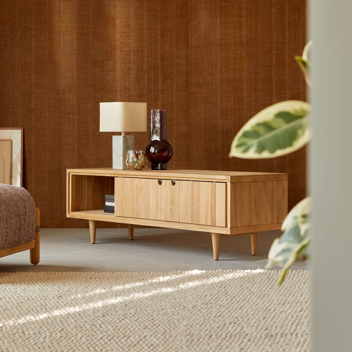 Tikamoon Jonak teak TV stand, front view