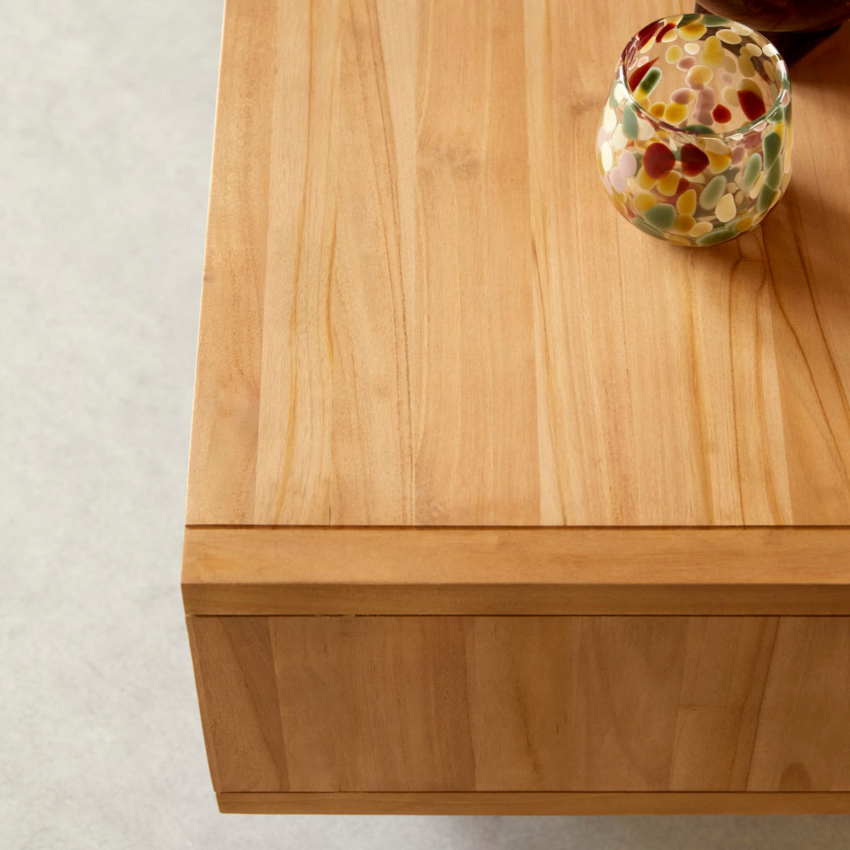 Tikamoon Jonak teak TV stand, detail of a sliding door handle