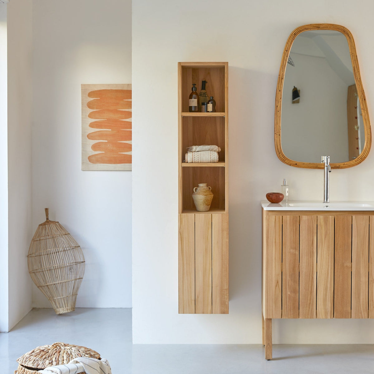Tikamoon Jill wall-mounted bathroom cabinet in solid teak, angled view