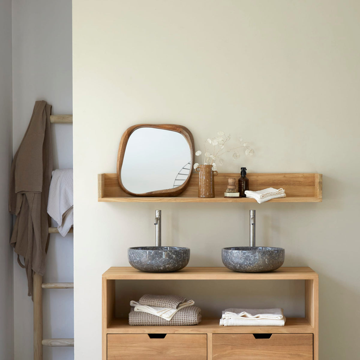 Tikamoon Arty solid teak wall shelf above a double bathroom vanity