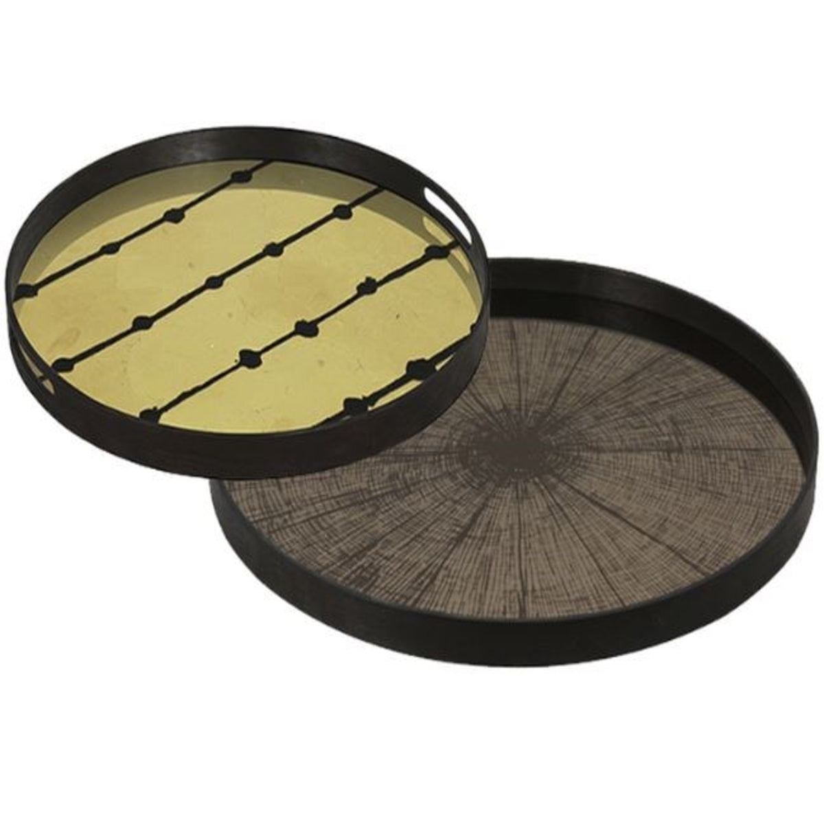 Ethnicraft Gold Leaf Dots tray next to a second round tray