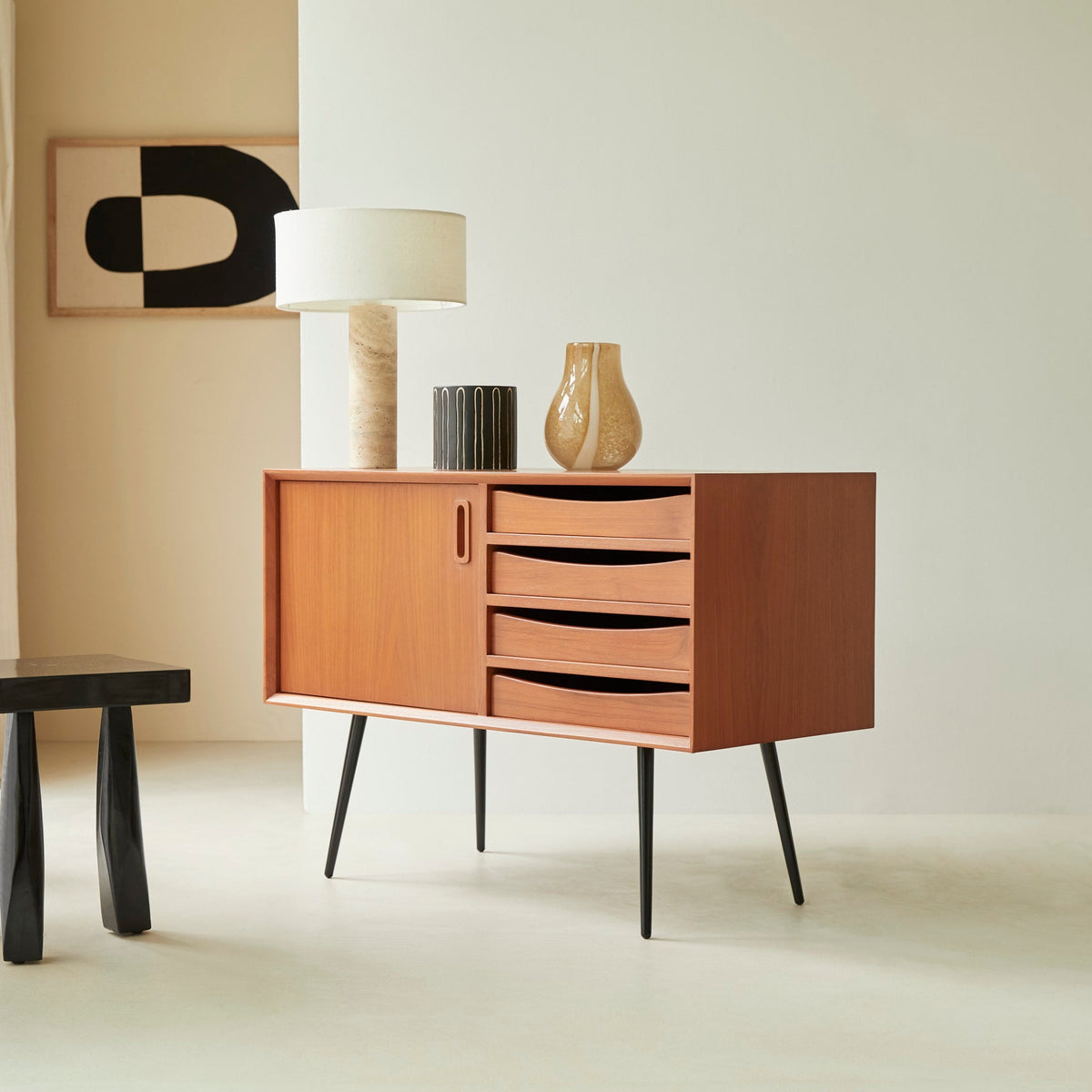 Simen mahogany sideboard, cabinet door open showing interior shelf