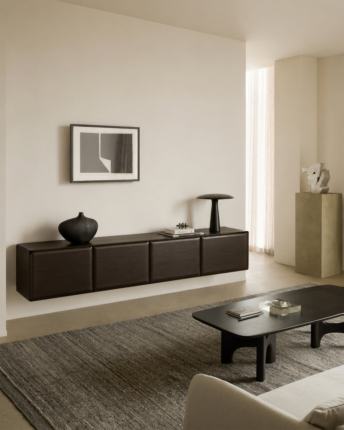 Ethnicraft PI Light Hanging Sideboard in Rose Brown with Flow coffee table, styled in a living room, mahogany