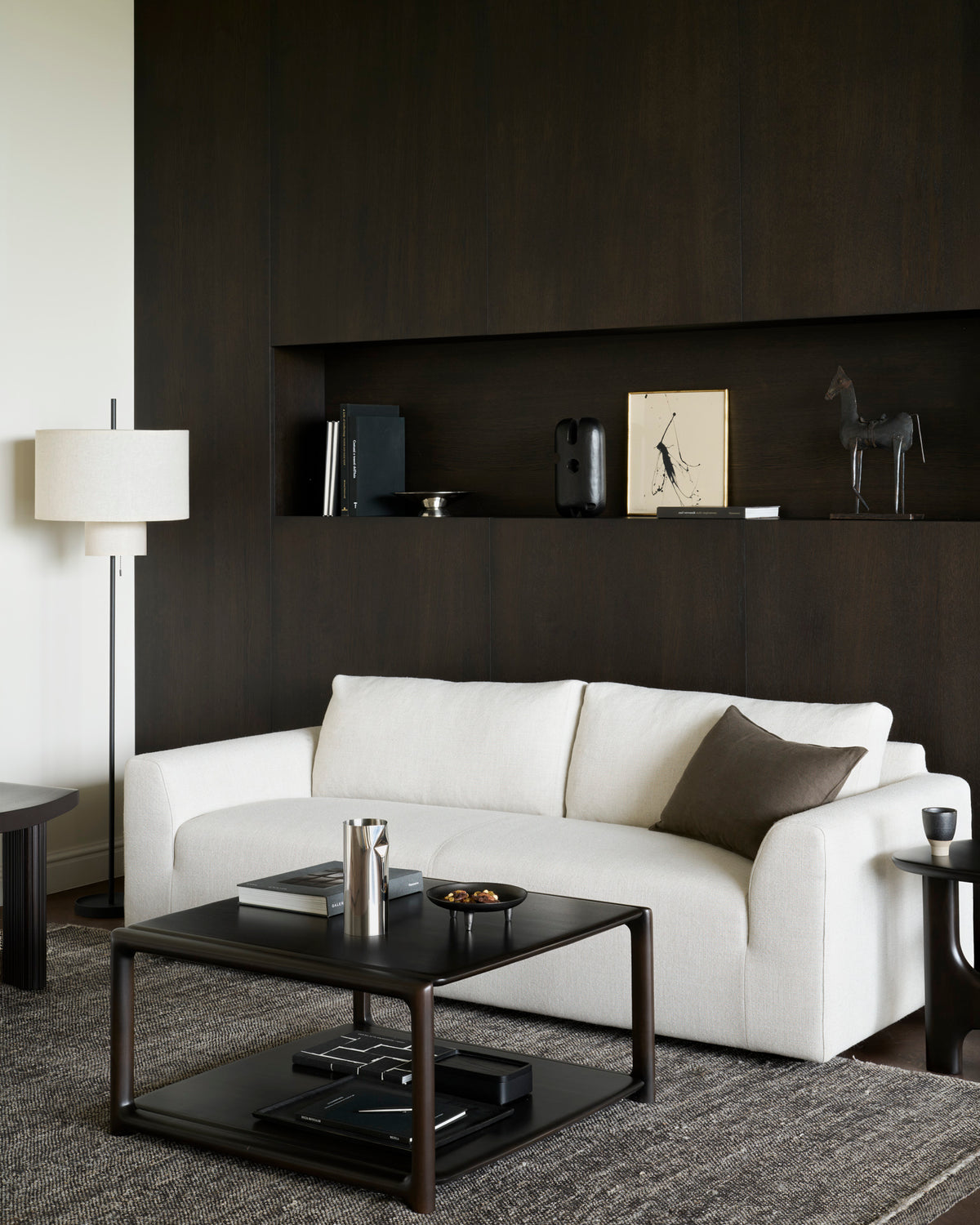 Ethnicraft Ease Sofa in Leche with Eda tables, styled in a living room, woven upholstery
