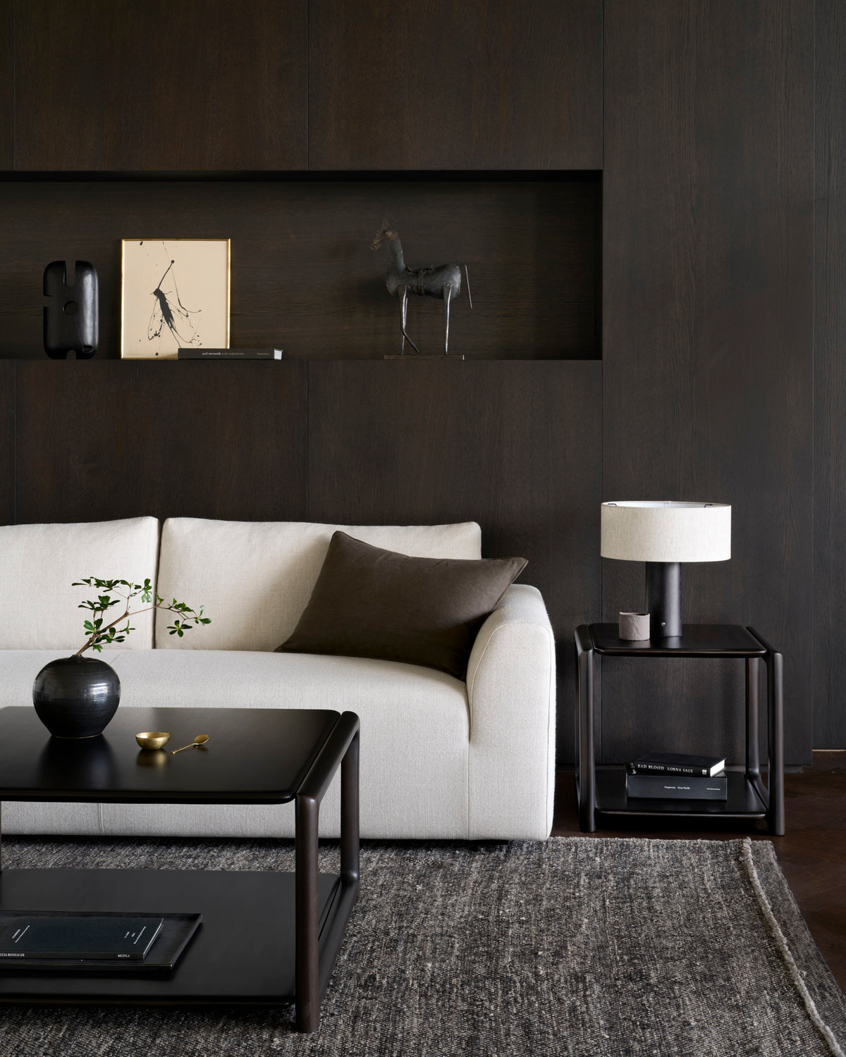 Ethnicraft Ease Sofa in Leche, styled in a living room with Eda coffee table, woven upholstery