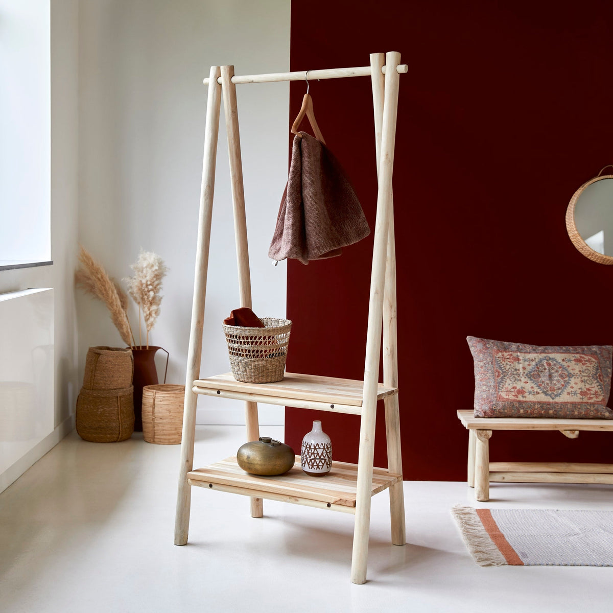 Tikamoon Kilim bathroom shelving in solid teak, front view