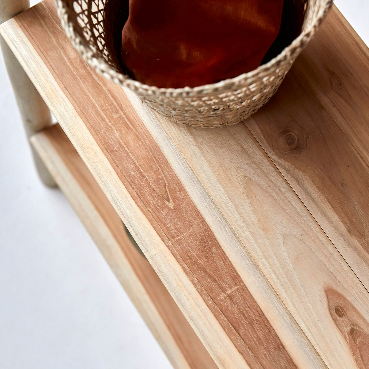 Tikamoon Kilim bathroom shelving in solid teak, rear view