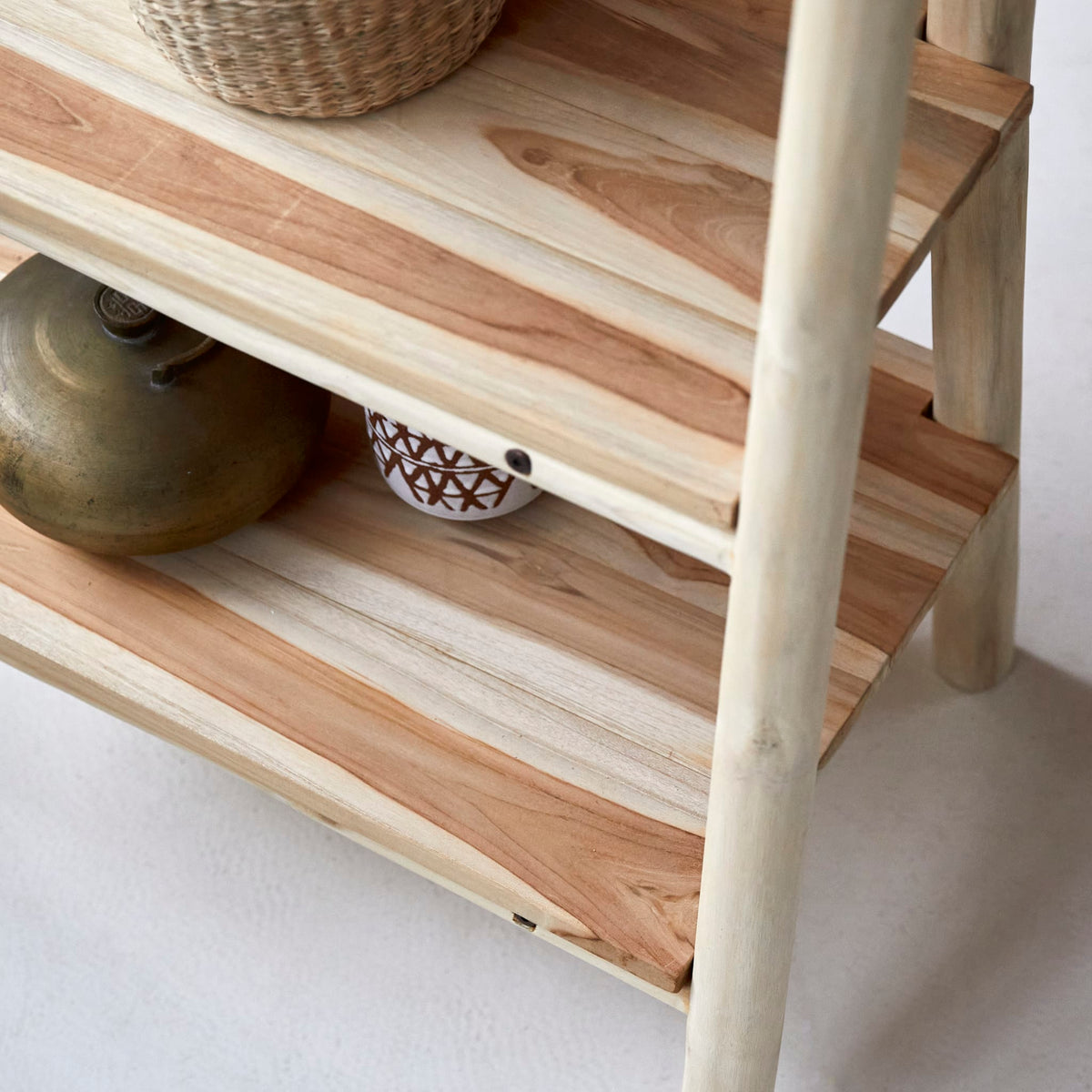 Tikamoon Kilim bathroom shelving in solid teak, detail of the lower shelves