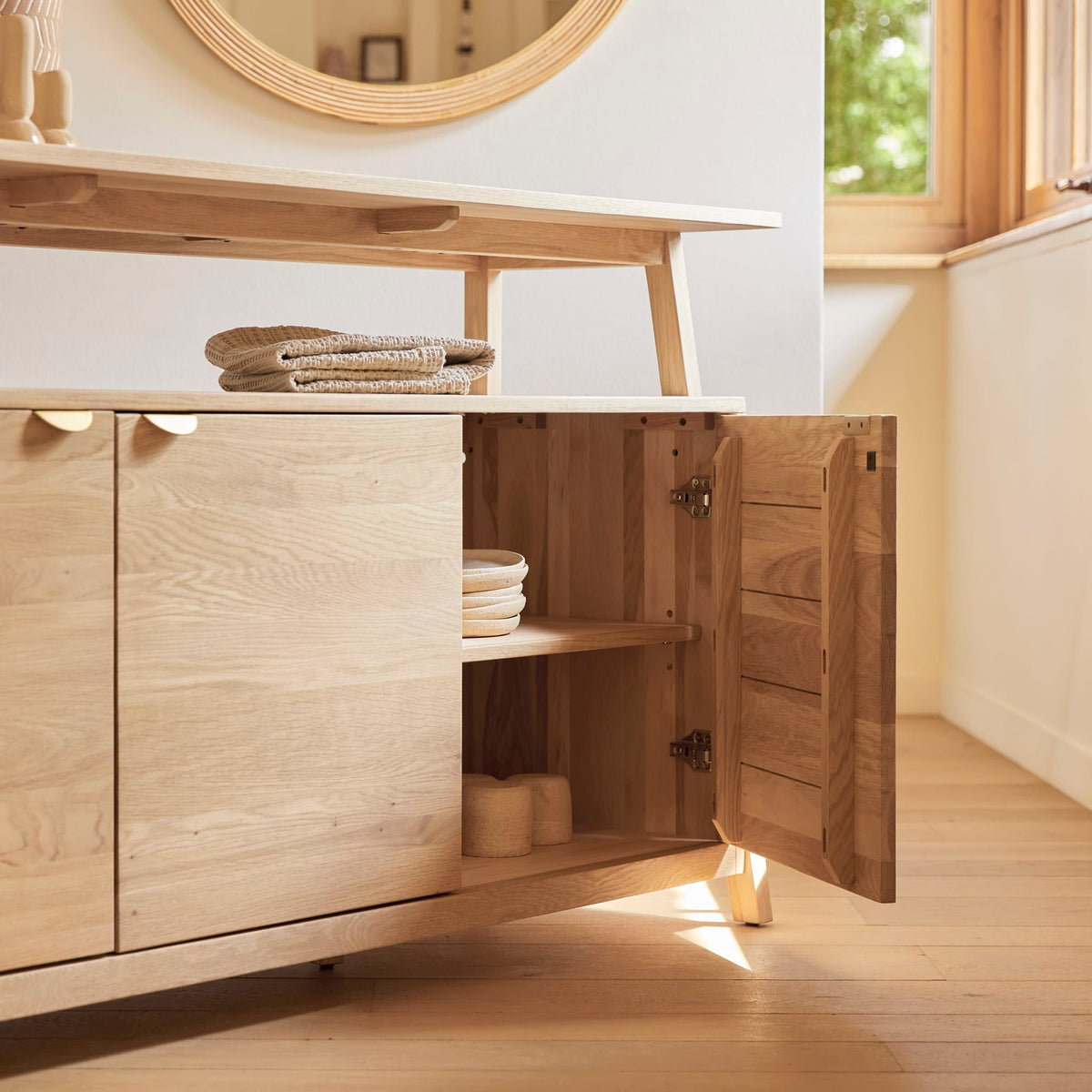Tikamoon Pola oak sideboard, overhead view of the raised tray top